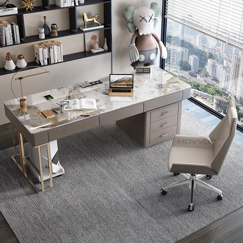 White Veined Office Desk with Built-In Power and Gold Metal Frame