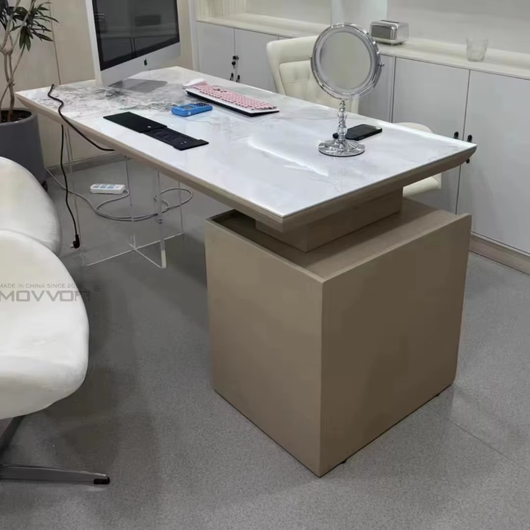 Floating White Veined Office Table With Acrylic Legs and Drawer Storage