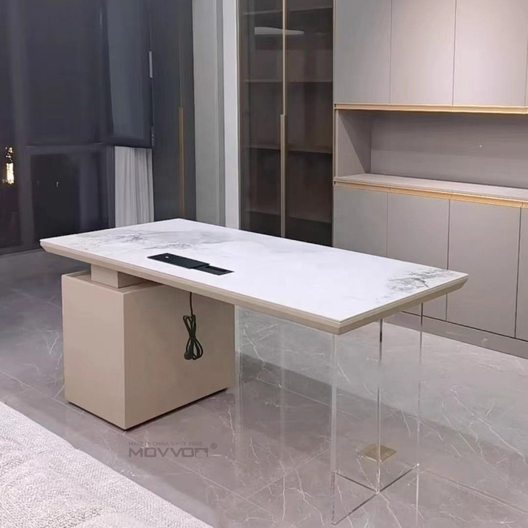 Floating White Veined Office Table With Acrylic Legs and Drawer Storage