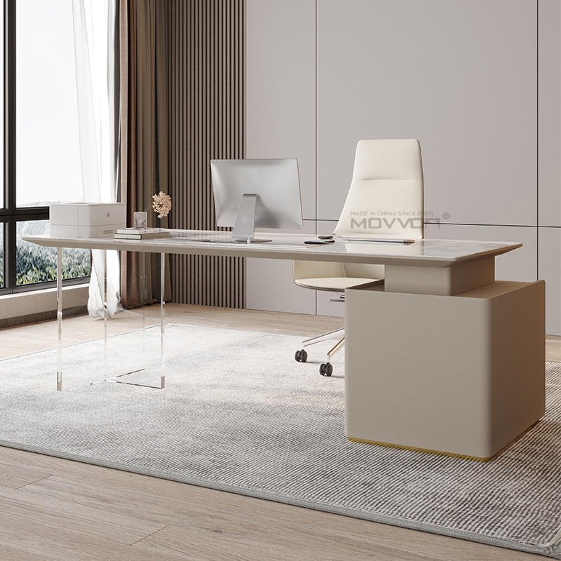 Floating White Veined Office Table With Acrylic Legs and Drawer Storage