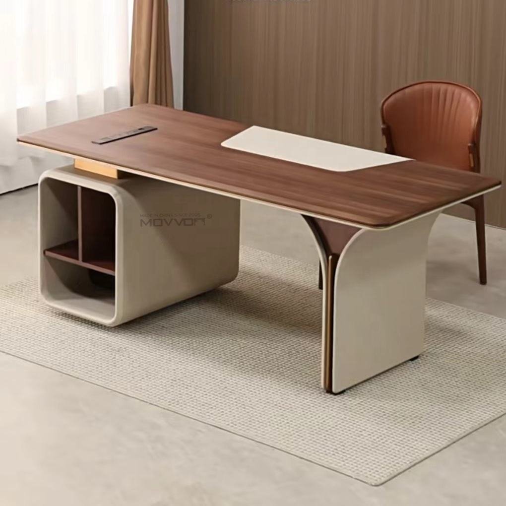 Rounded Walnut Office Desk, Rolled Side Cabinet and Curved Support