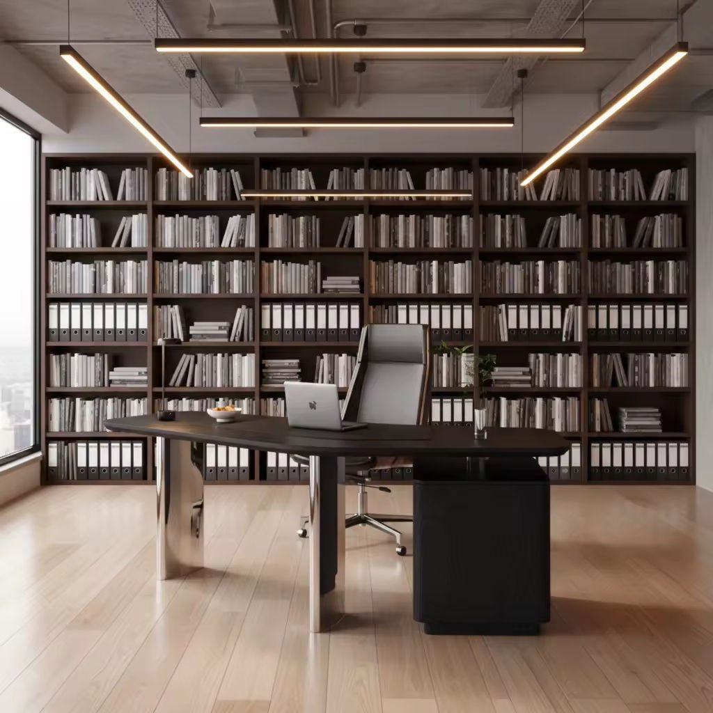 Black Sintered Stone Office Desk with Curved Metal Support Base